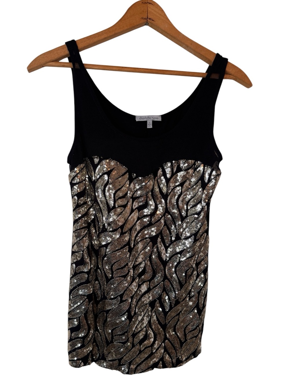 Vintage Y2K Charlotte Russe Black Gold Sequin Mesh Tank Top Made USA Small